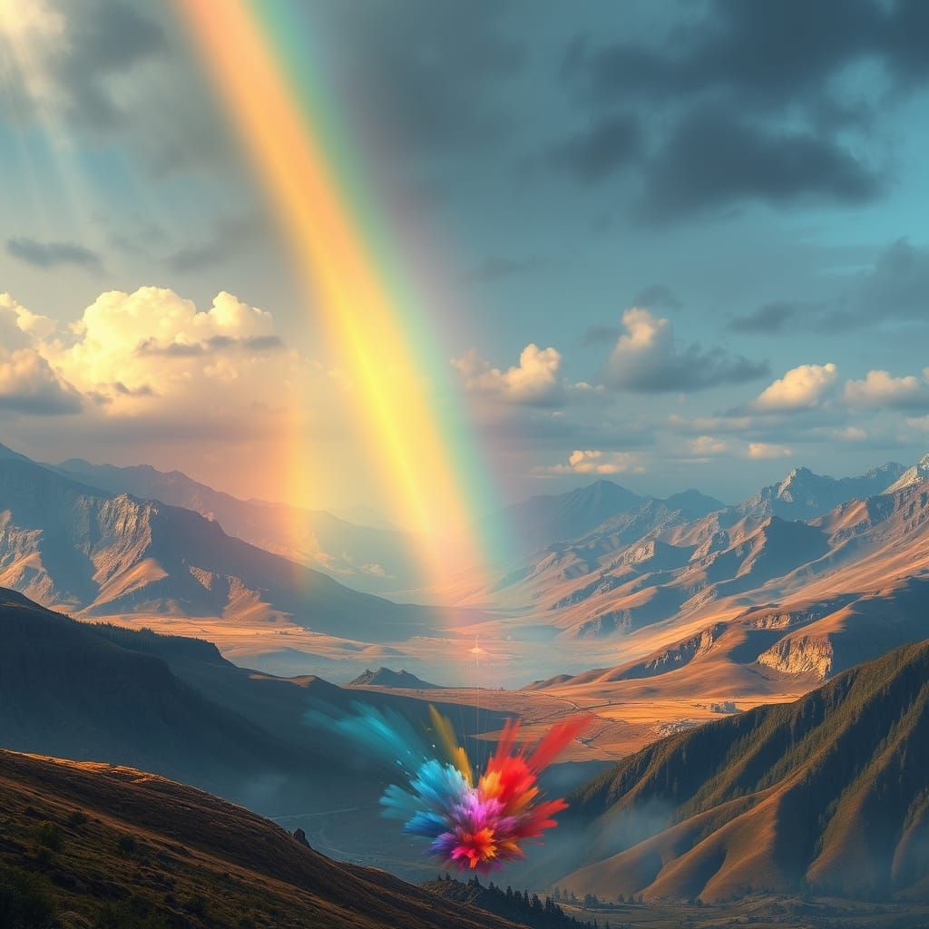 Vibrant Rainbow Over Detailed Sci-Fi Landscape