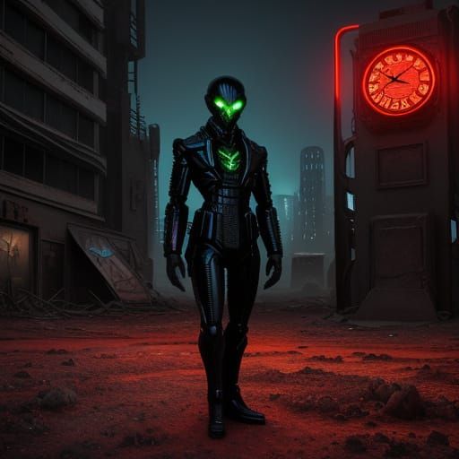 Surreal Alien Amidst Melting Clocks in Wasteland