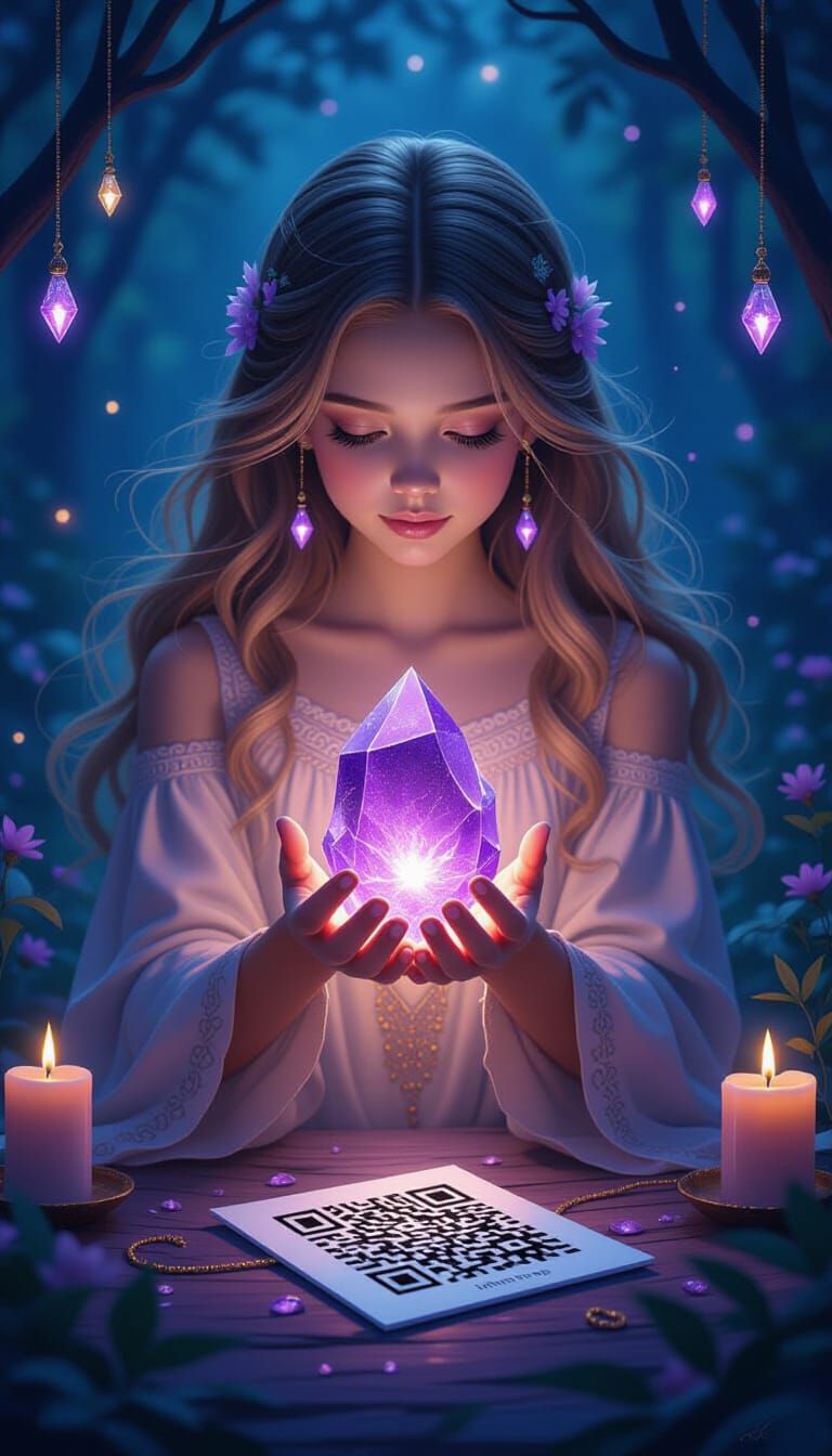 Ethereal Girl Holds Luminous Crystal in Enchanted Glade