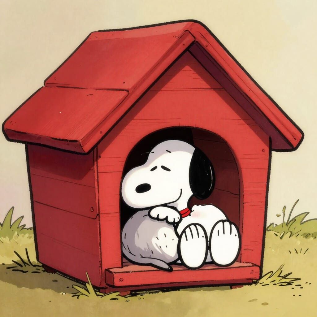 Tired Snoopy Dog Sleeping in Red Doghouse