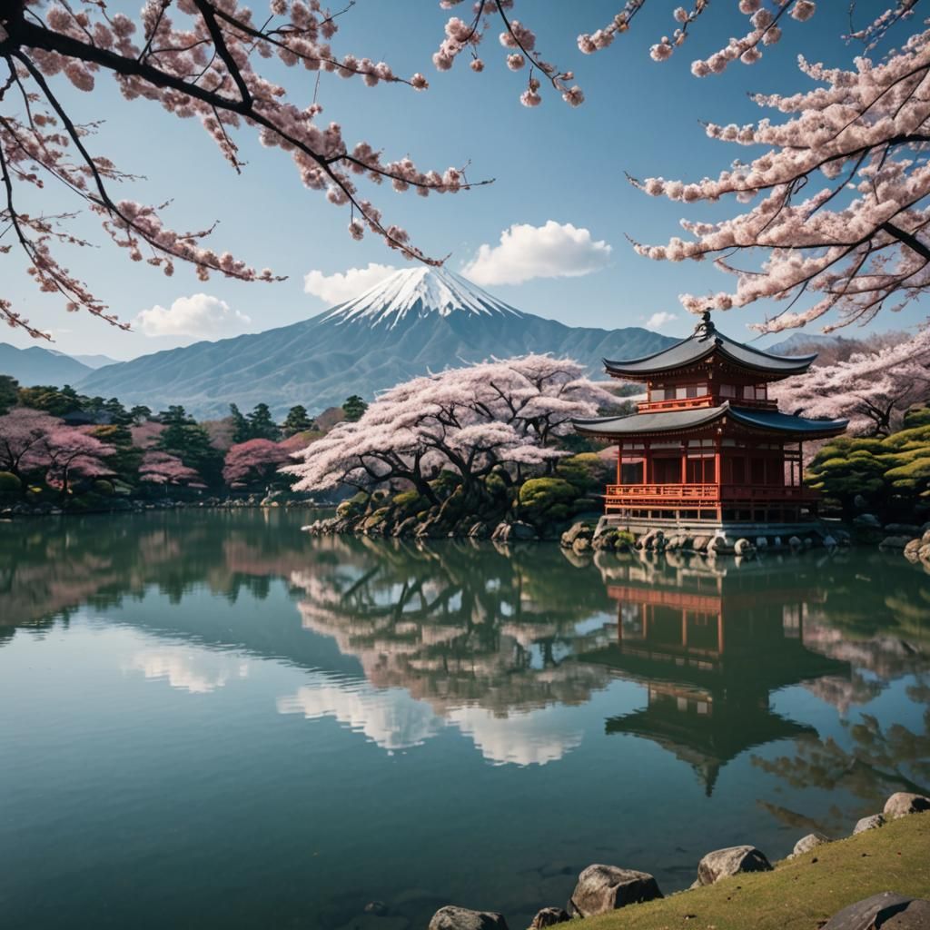 Ancient Sakura Tree by Lake: Cinematic Film Still