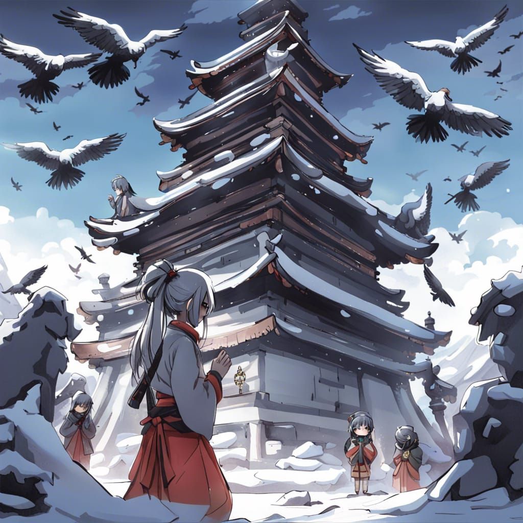 Oni Samurai Girl Praying in Snowy Temple