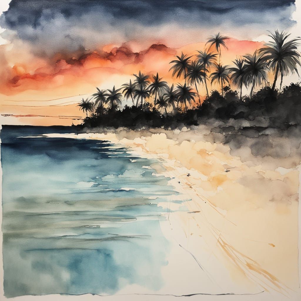 Surreal Tropical Sunset Beachscape in Minimalist Watercolors