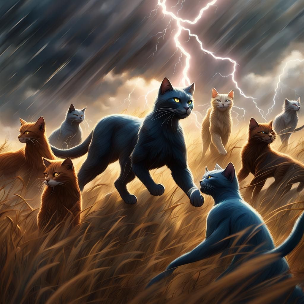 Epic Warrior Cats Battle on Stormy Field