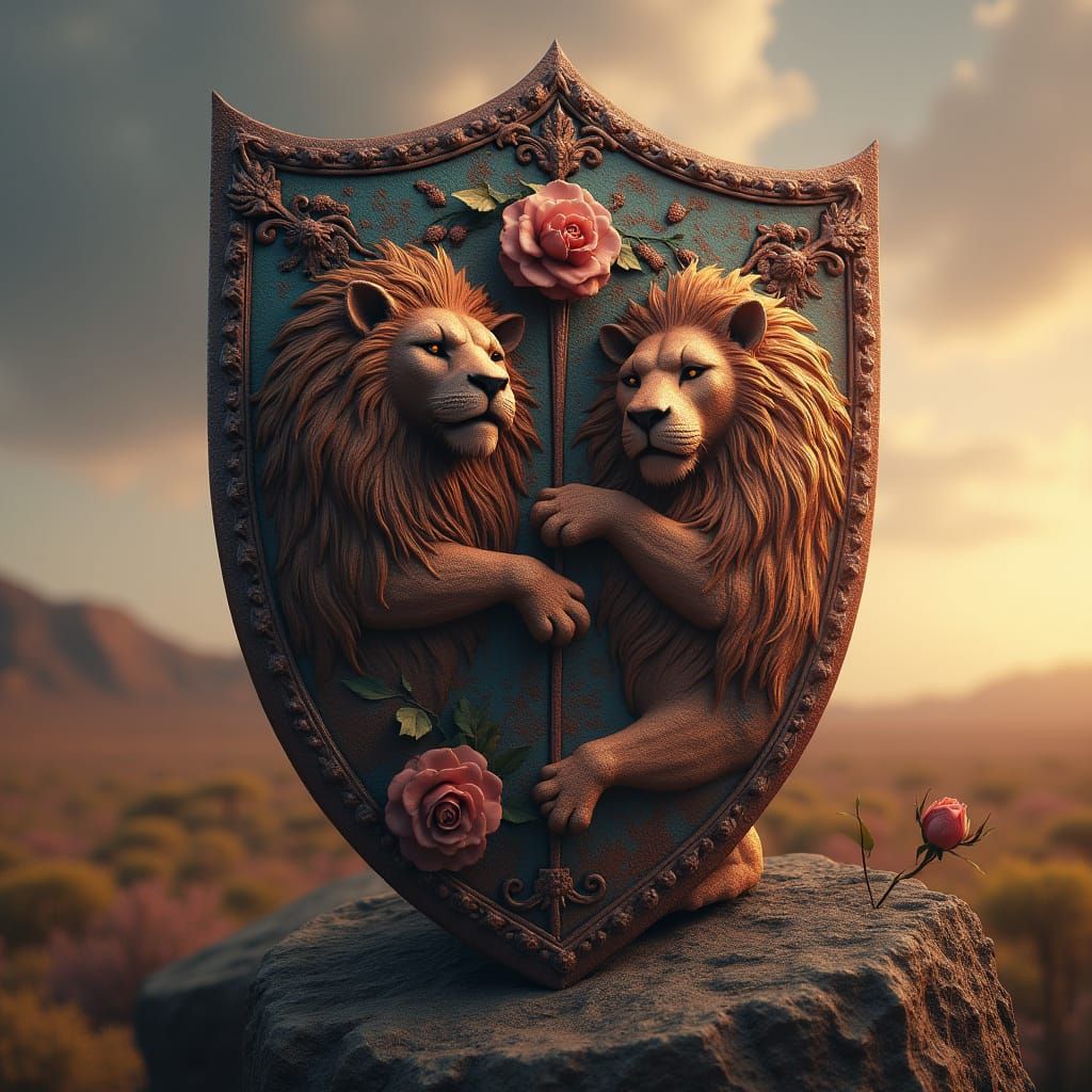 Regal Heraldic Shield with Majestic Lions and Roses in Fanta...