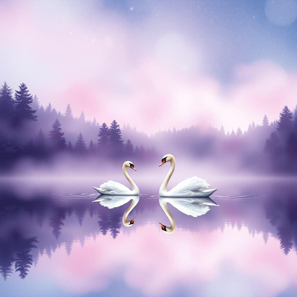 Two graceful swans glide across a misty lake under a starry ...