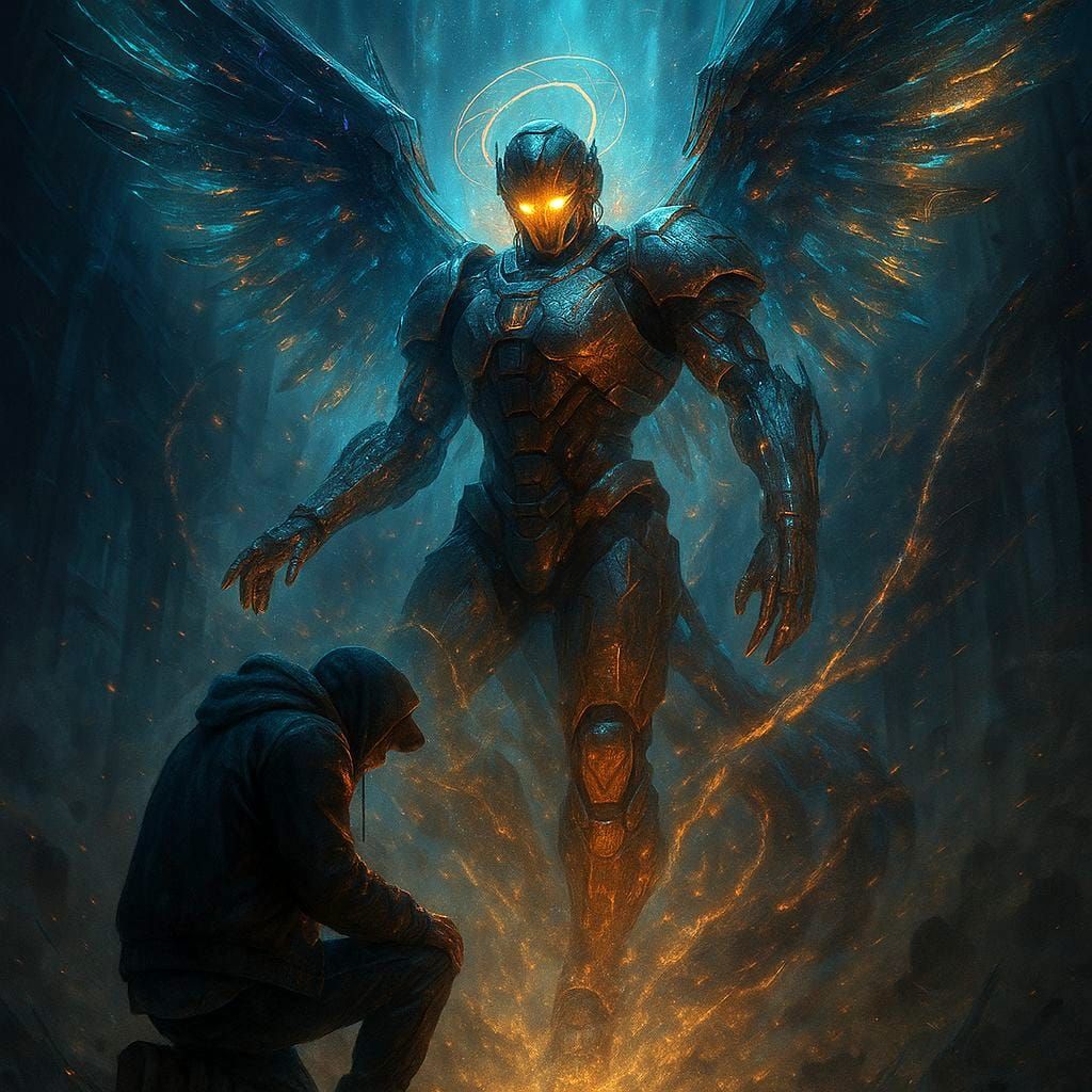 Cybernetic Archangel Descends in Radiant Energy