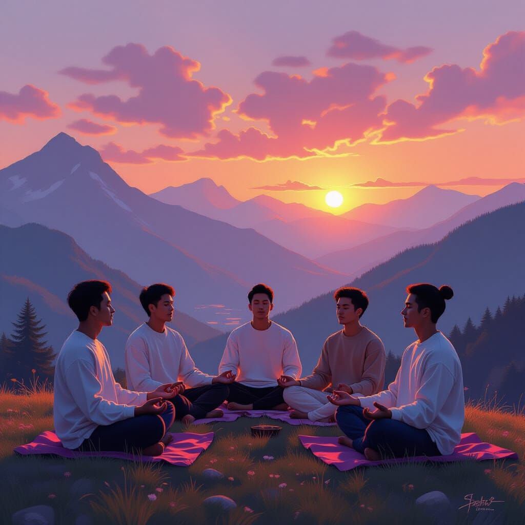 Men Meditating on Mountainside at Sunset