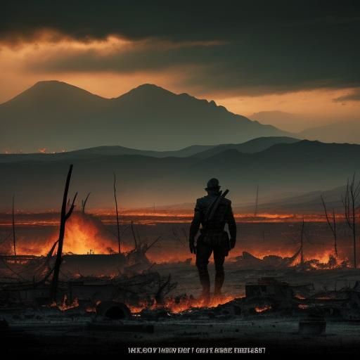 Post-Apocalyptic Figure Amidst Smoldering Ruins