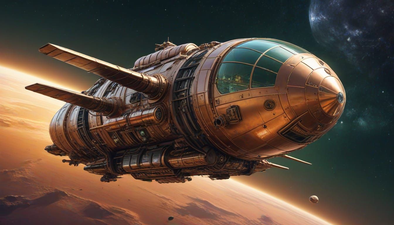 Steampunk Starship Soars by Mars-Like Planet