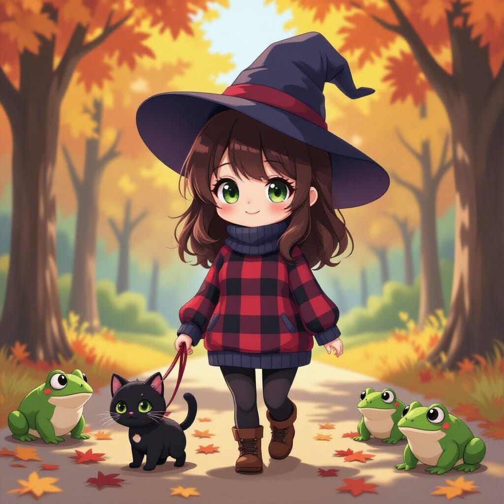 Anime Woman with Crimson Hair and Witch Hat in Autumn Park