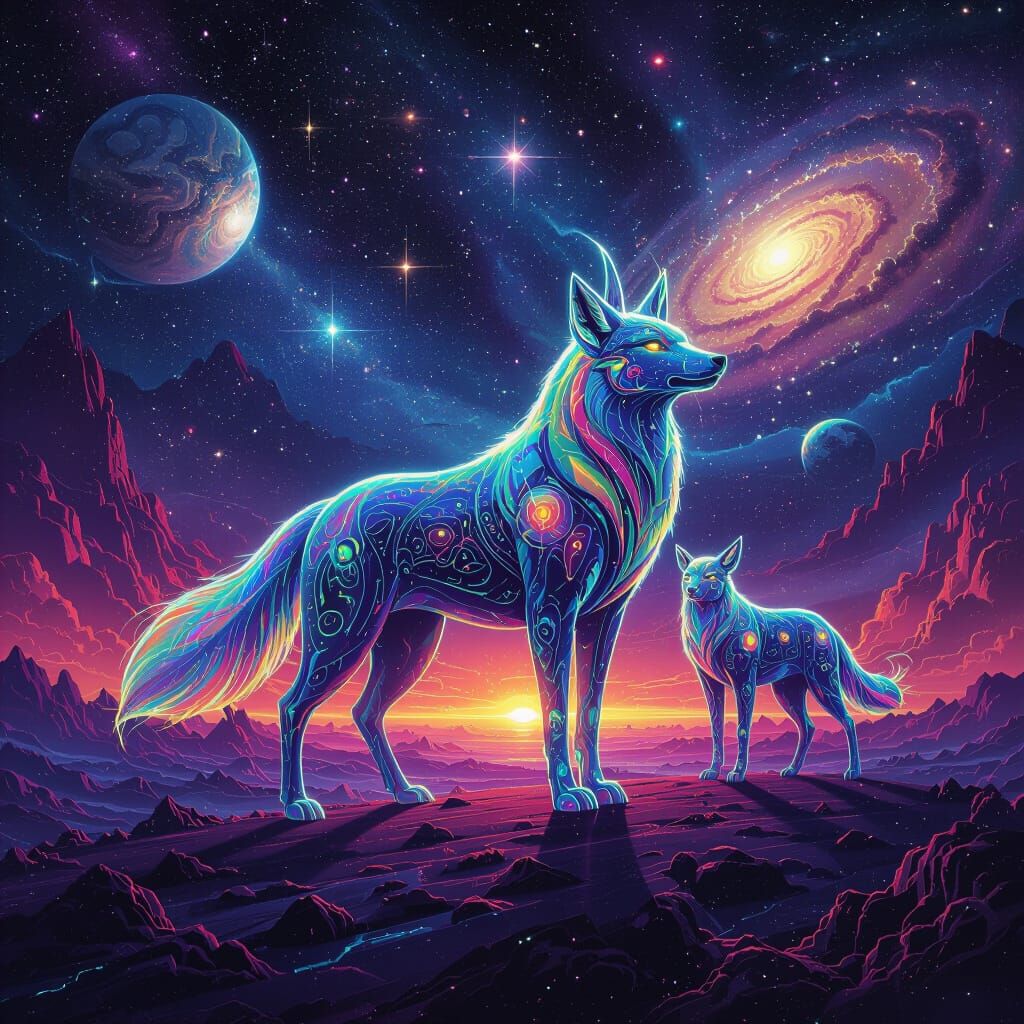 Psychedelic Animal Guides in Dreamlike Cosmic Landscape