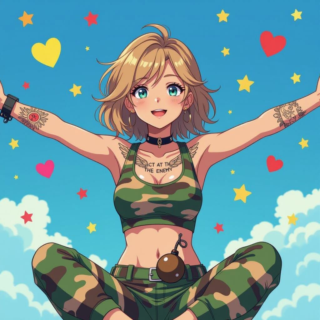 Anime Woman with Wing Tattoo in Cel-Shaded Style