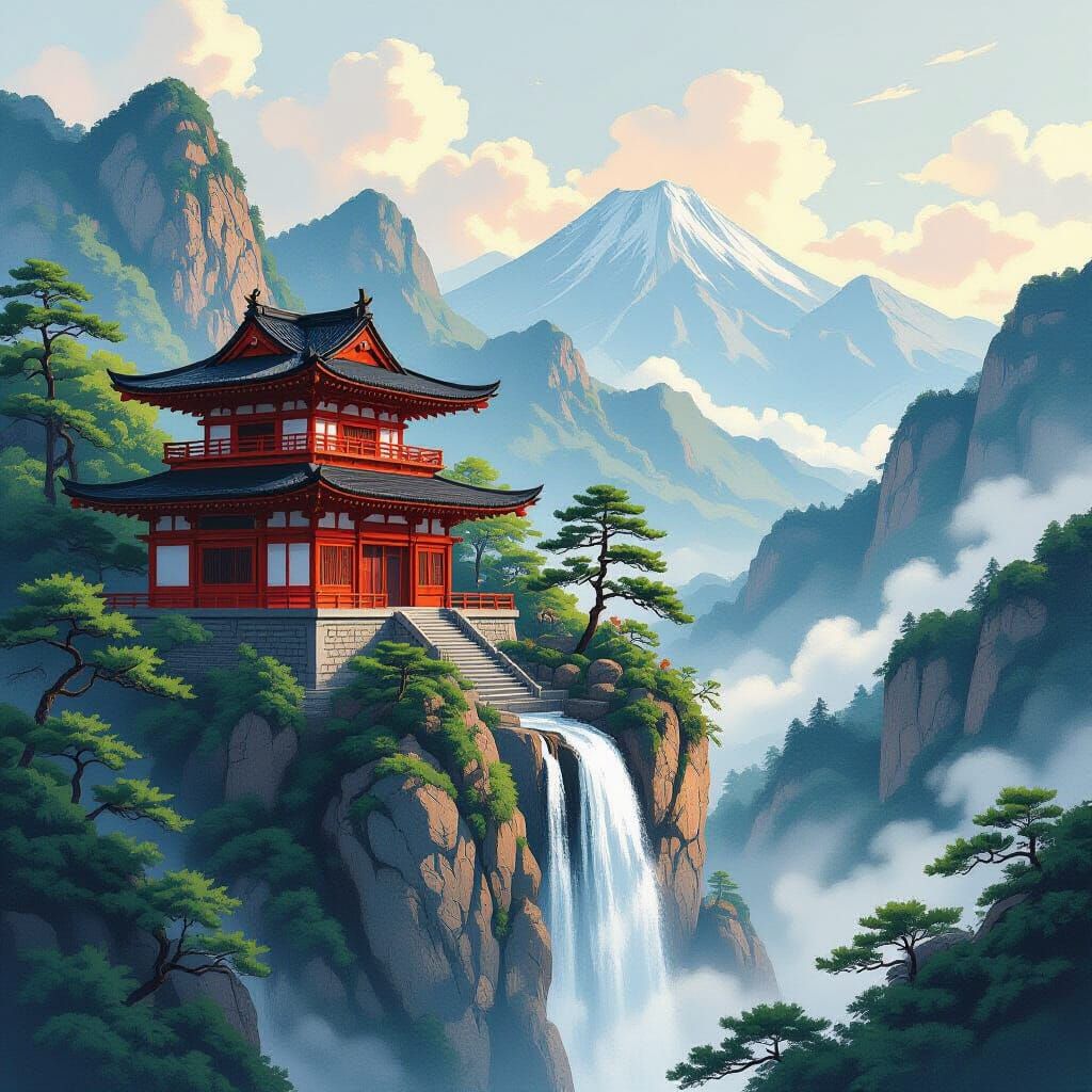Japanese Red House Overlooking Misty Mountains and Waterfall