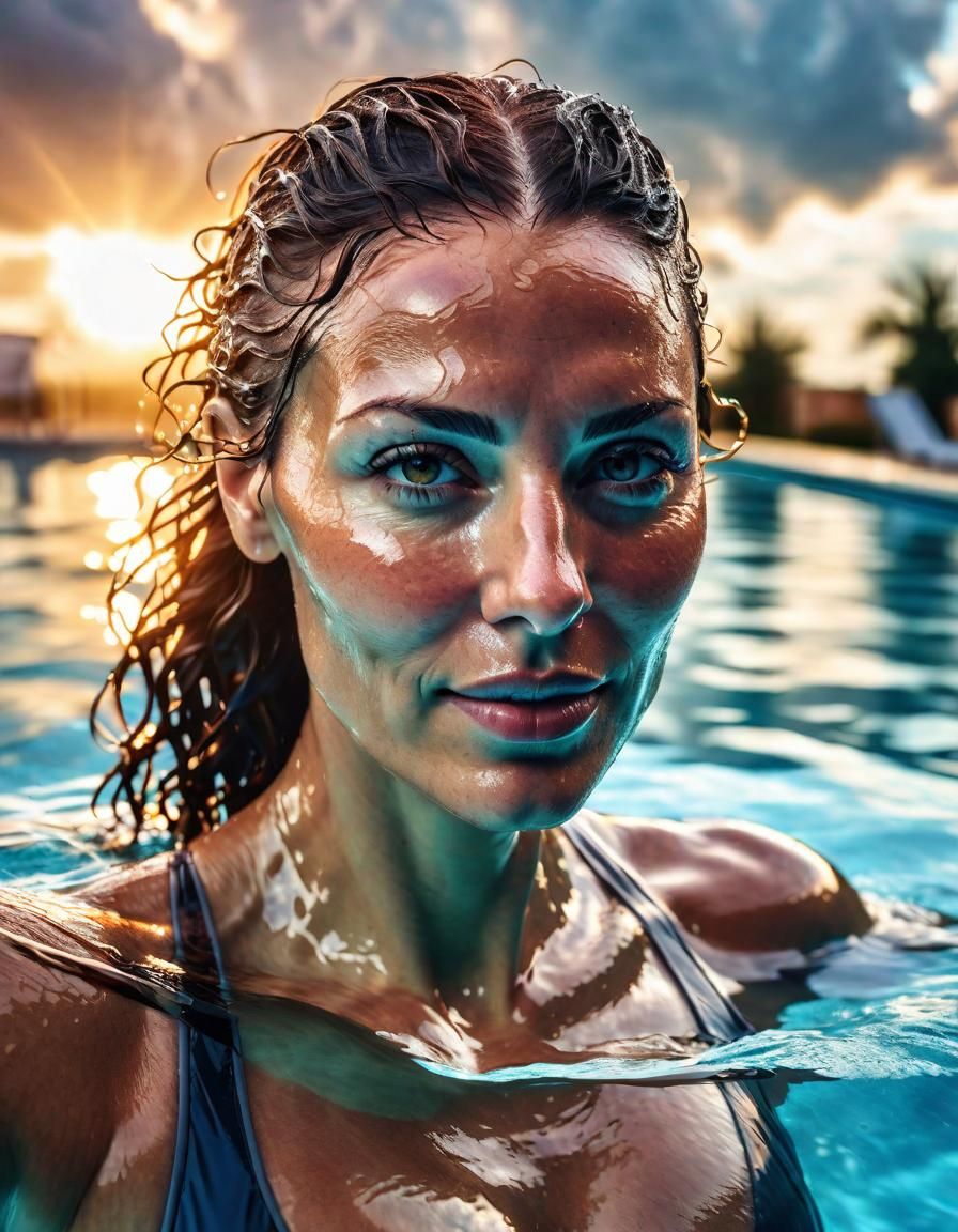 Beautiful Woman in Wet Bikini at Sunrise