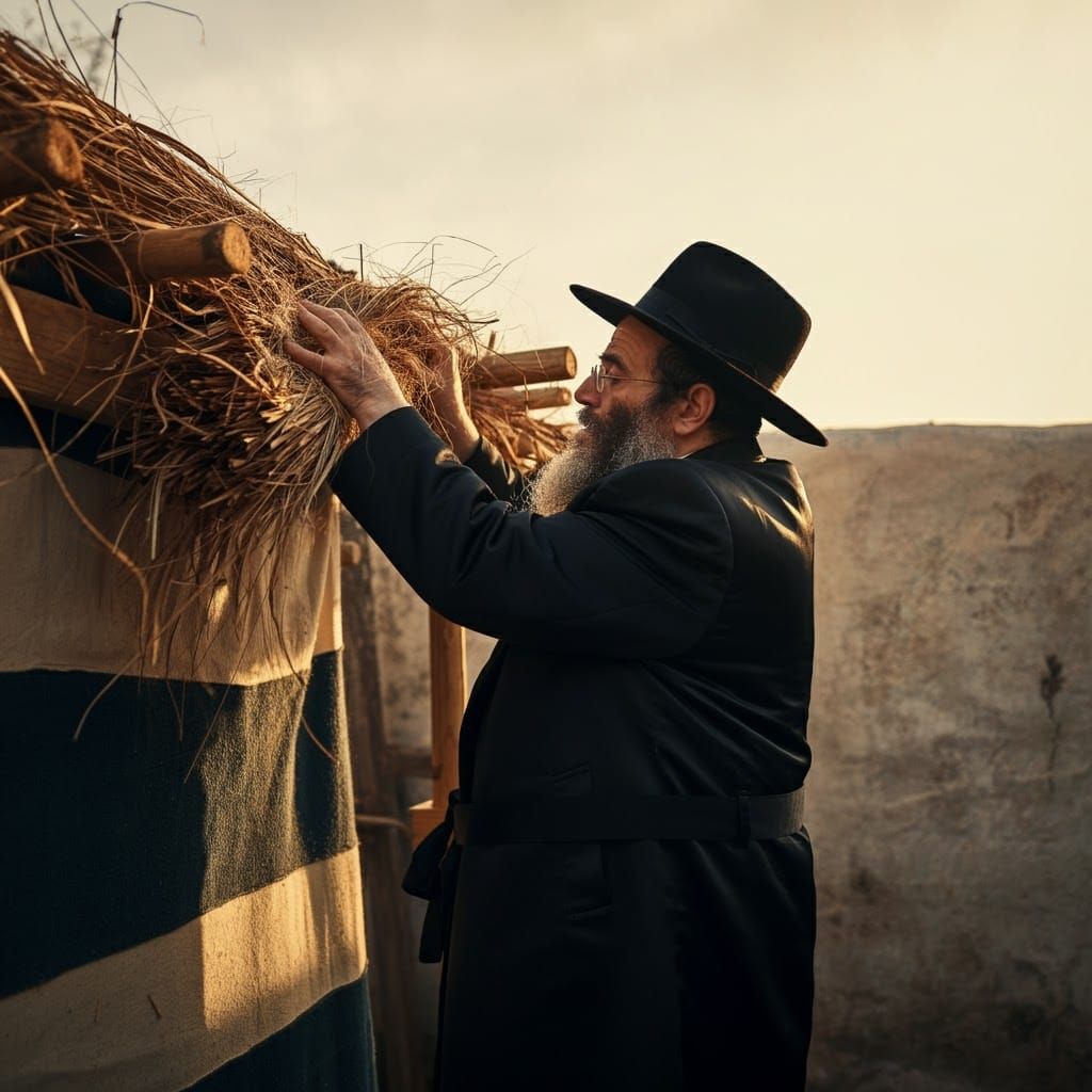 Hasidic Man Builds a Sukkah in Golden Light