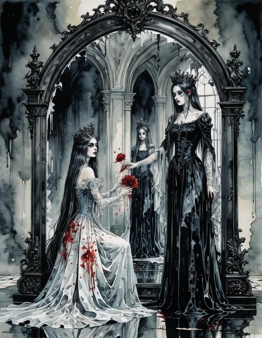 Gothic Princess and Mirror Reflection in Watercolor