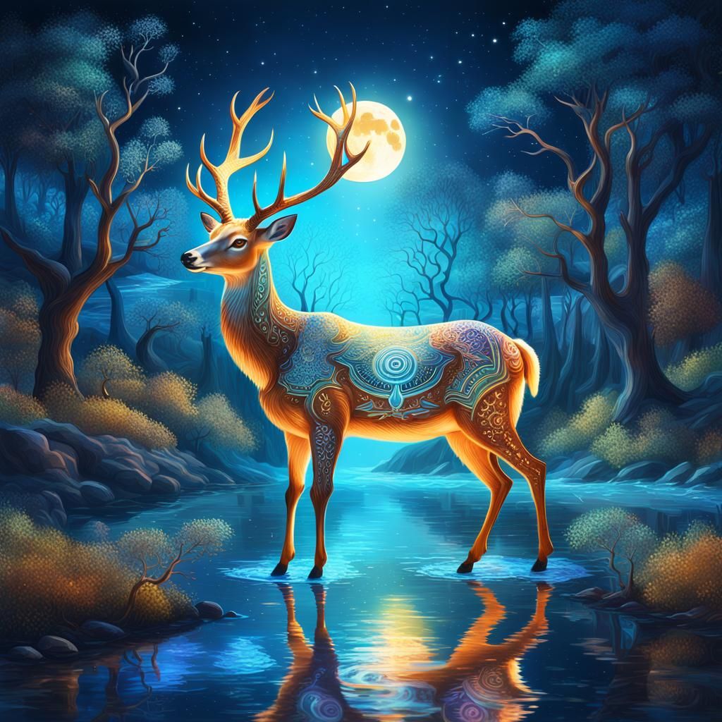 Mystical Deer Glowing with Runes in Moonlit Night