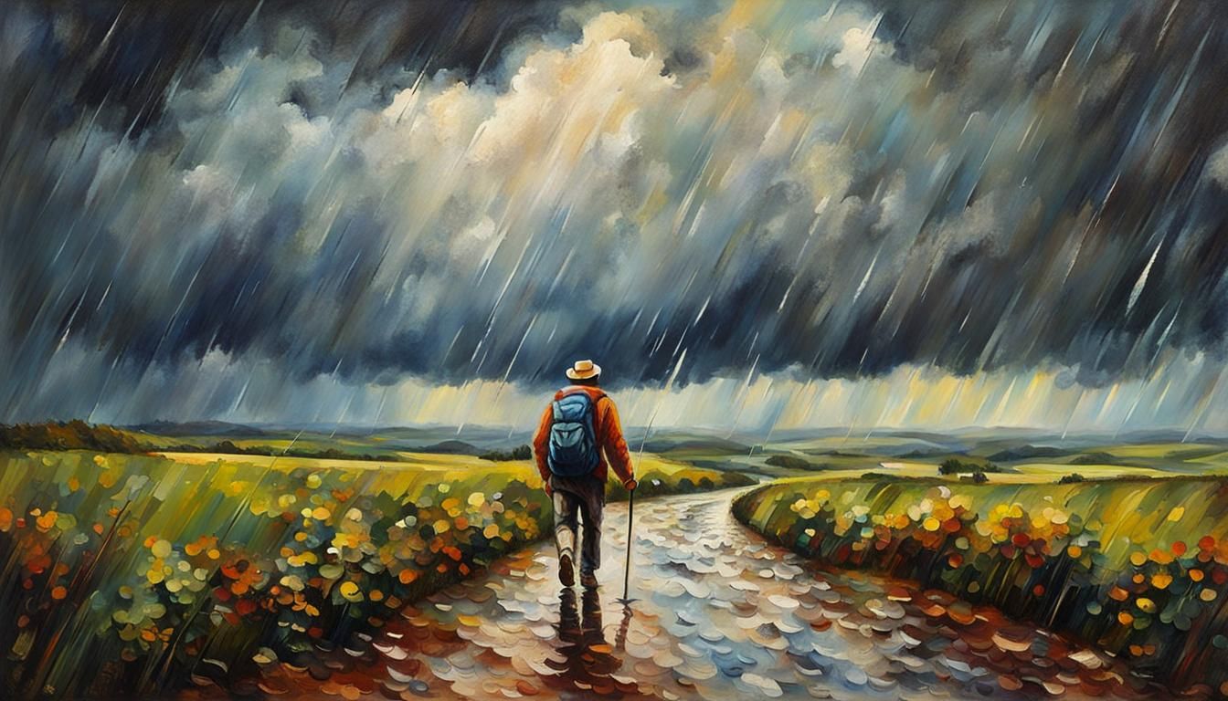Man Hiking in Rain: Impressionist Painting