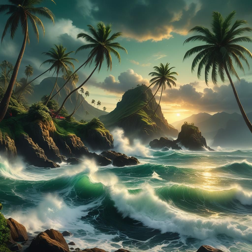 Oceanic Fantasy: Stormy Cliffs in Golden Hour