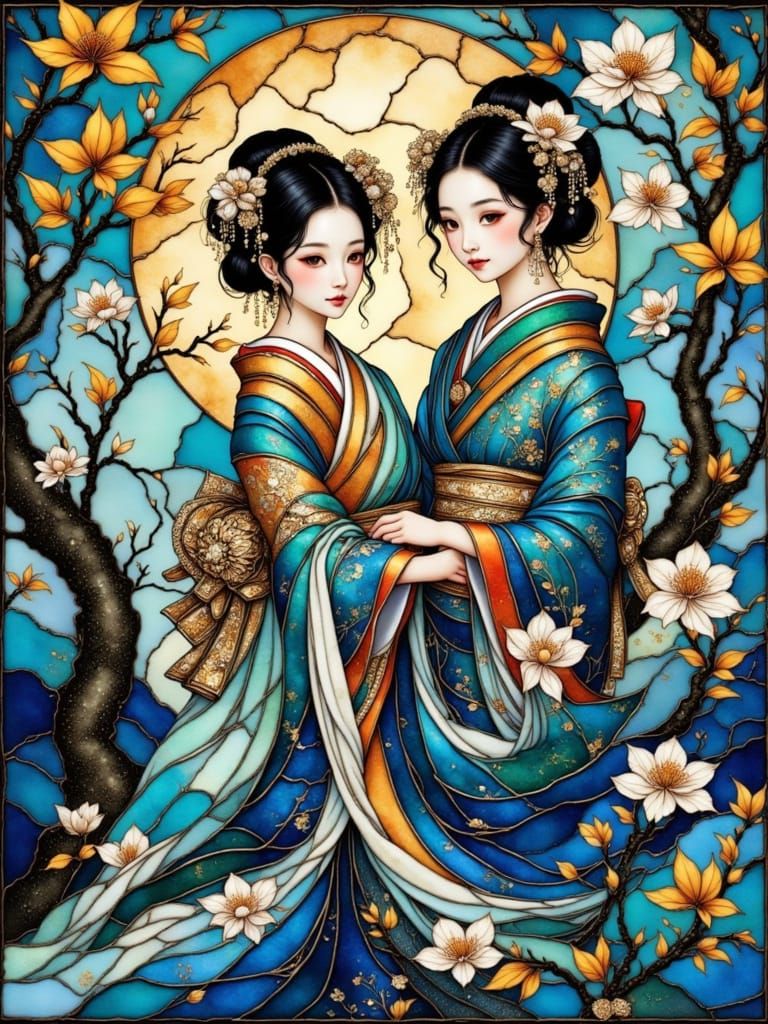 Traditional Japanese Woman in Stained Glass Style