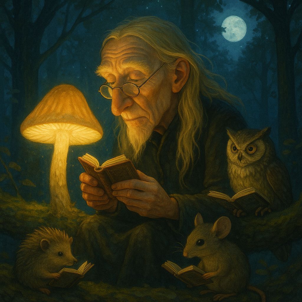 Wise Old Man Reading by Mushroom Light in Moonlit Forest