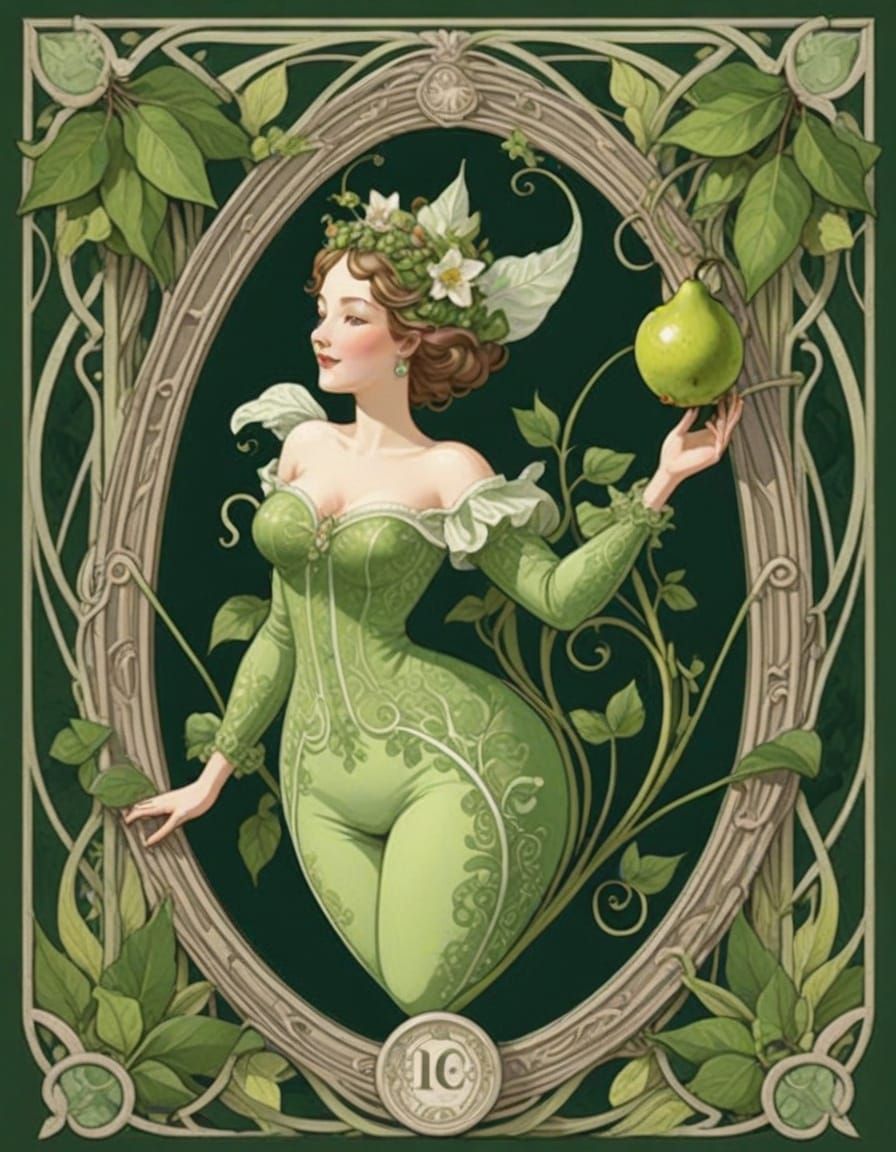 Art Nouveau Pear Character in Sunny Meadow