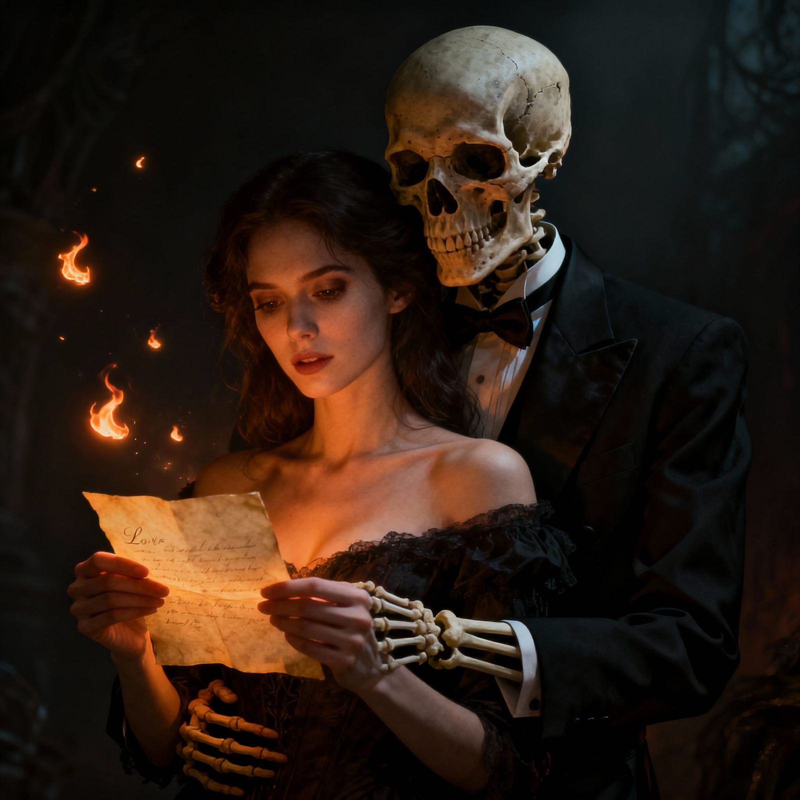 Darkly Romantic Skeleton Embraces Woman With Love Letter