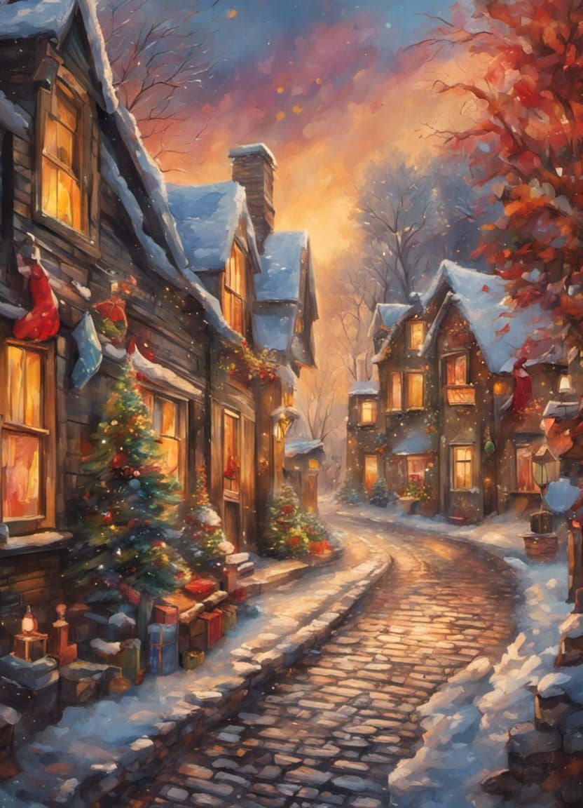 Festive Christmas Street Scene in Hyperrealistic Style