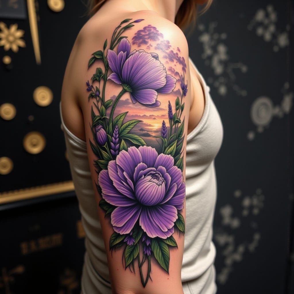Hyperrealistic Forearm Tattoo Design with Purple Stained Gla...