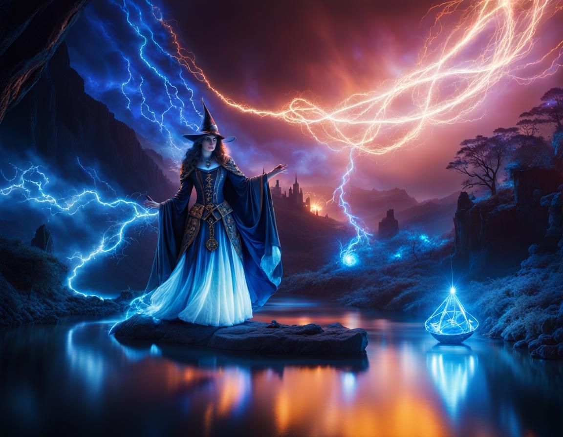 Surreal Witch Harnesses Quantum Energy in Dark, Electric Blu...