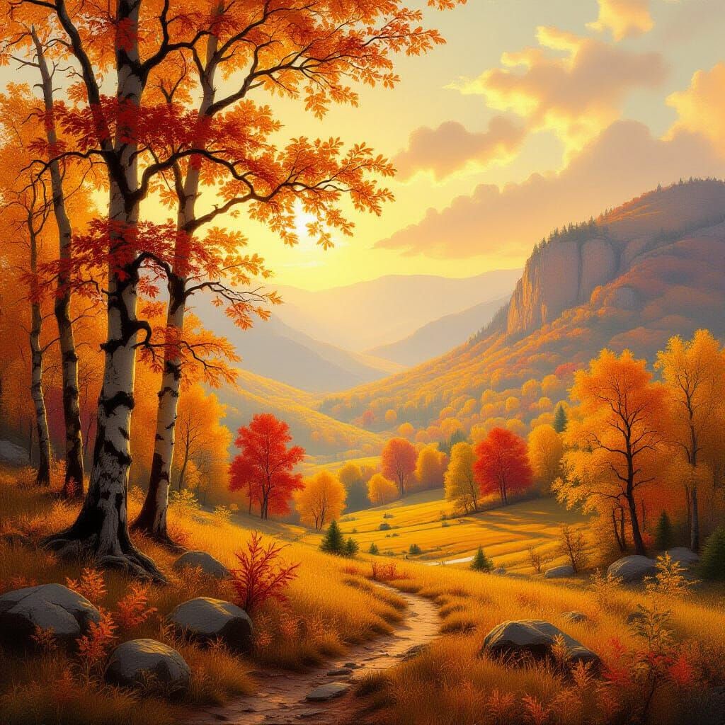 Golden Autumn Landscape Painting in Hudson River Style
