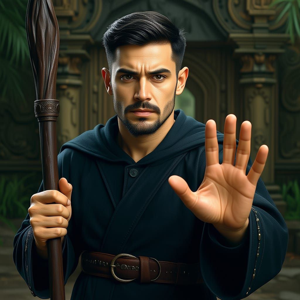 Dark Wizard with Tiger Paw Holds Staff by Ancient Temple