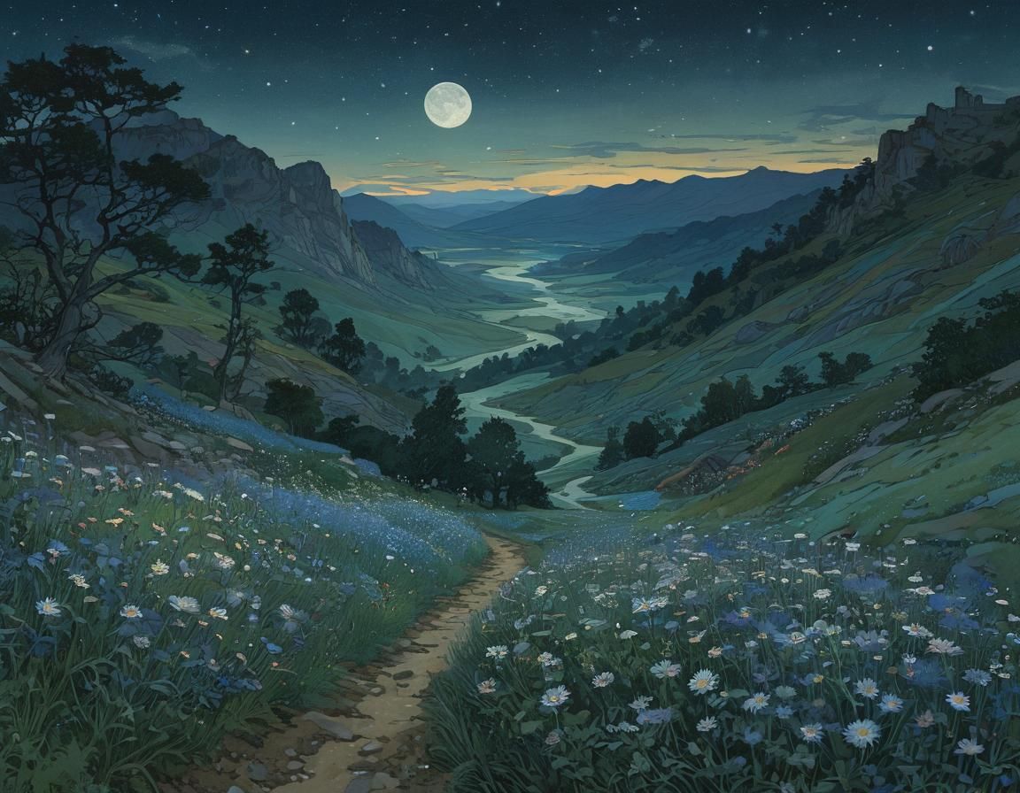Wildflowers Under Moonlight in Expressive Landscape