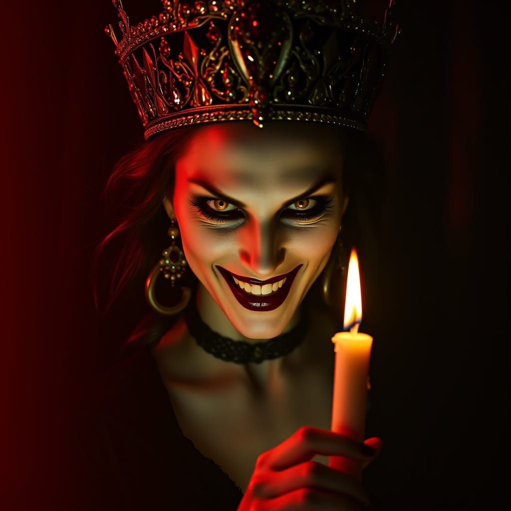 Regal Vampire Queen with Crown and Candle in Dark Atmosphere