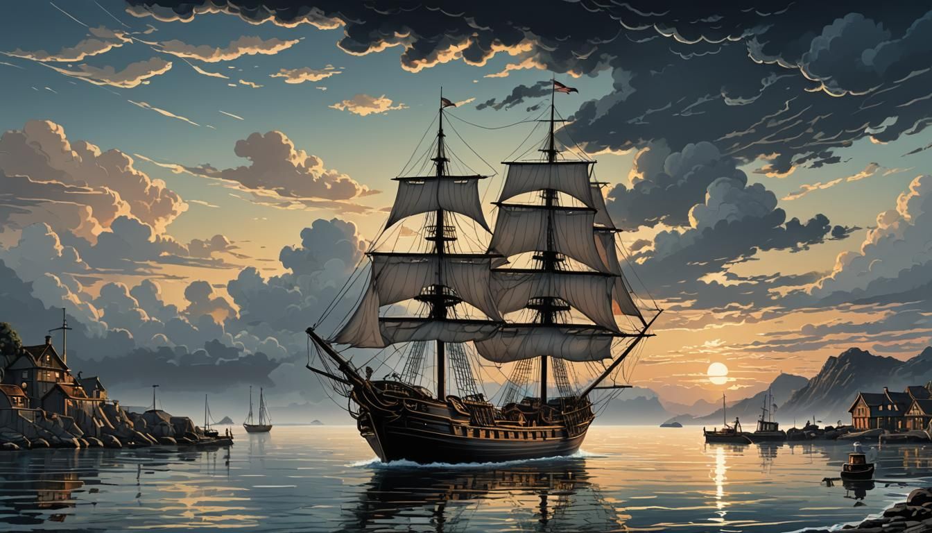 Sailing Boat at Dawn: Retro Digital Illustration