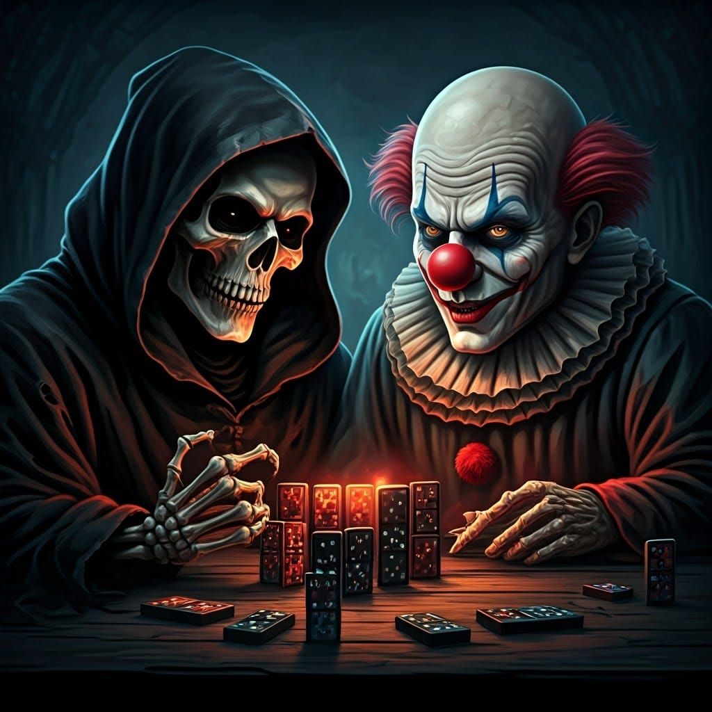 Grim Reaper and Clown Play Dominoes in Pop Art