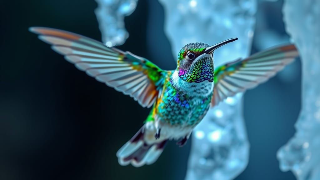 Majestic Hummingbird Amidst Bioluminescent Ice Formations