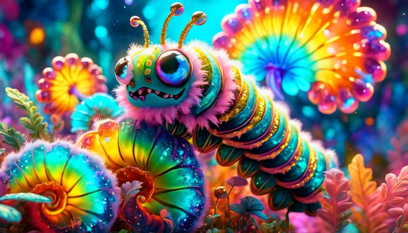 Neon Caterpillar in a Psychedelic Fantasy Garden