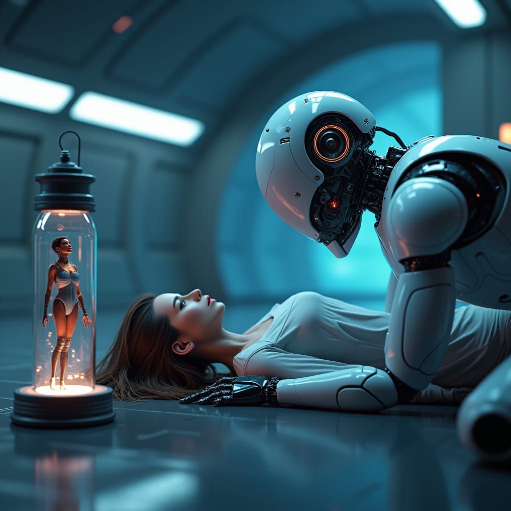 Android Robot Observes Specimen in Futuristic Space Station