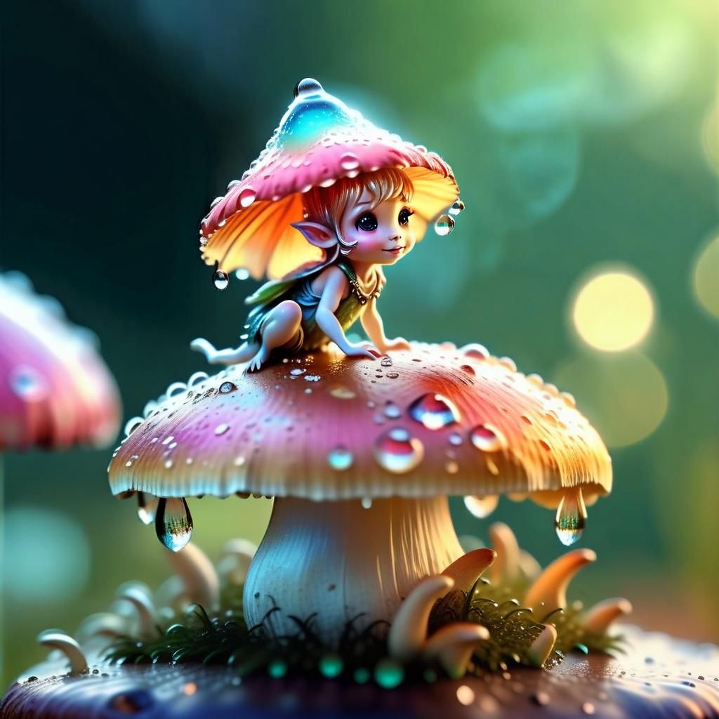 Dew-Kissed Fairy on Mushroom in Hyperrealism