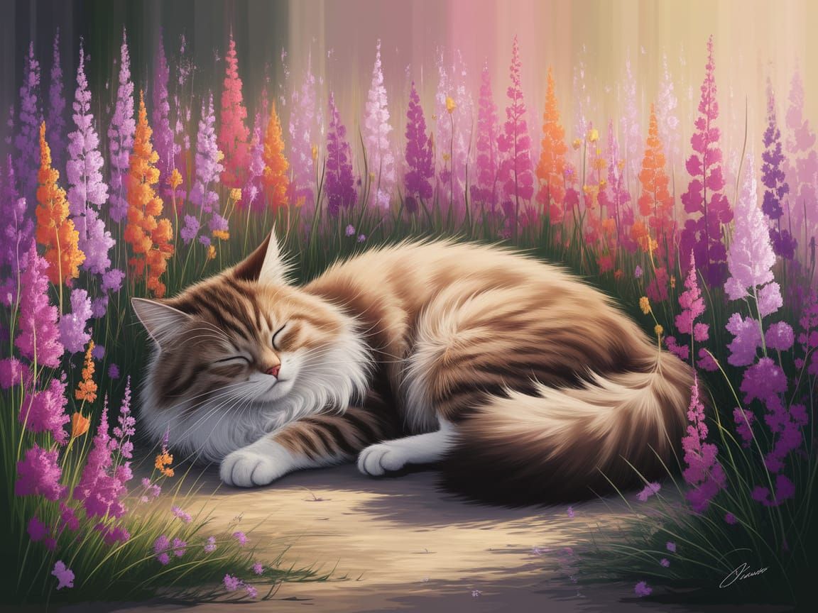 Peaceful Cat in a Vibrant Wildflower Field