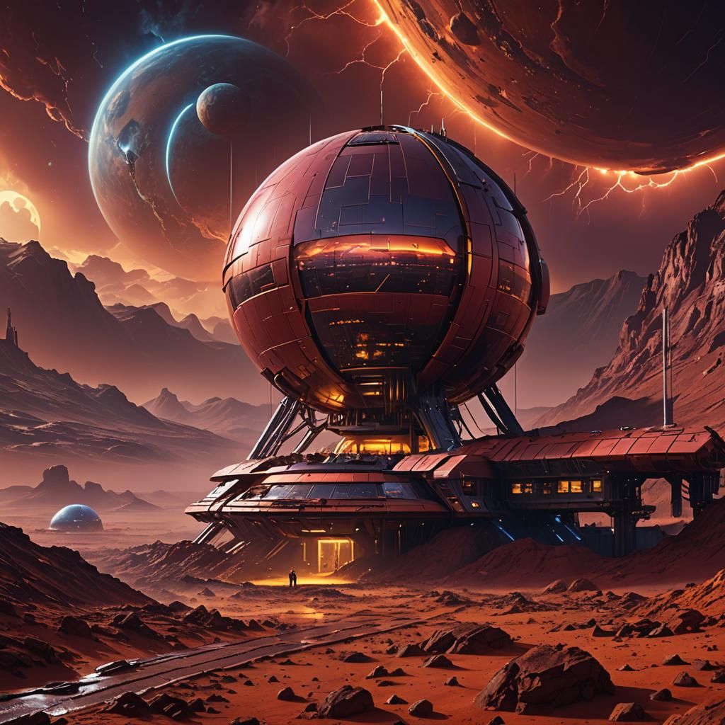 Futuristic Research Base on Mars in Crimson Storm