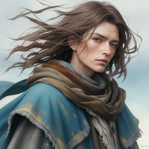 Warrior in Strong Wind Watercolor Painting