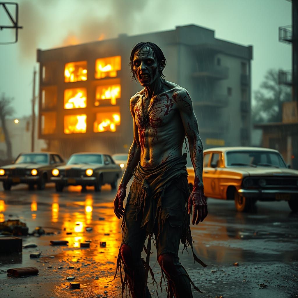 Gritty Zombie in Abandoned Street, Rainy Day Chaos