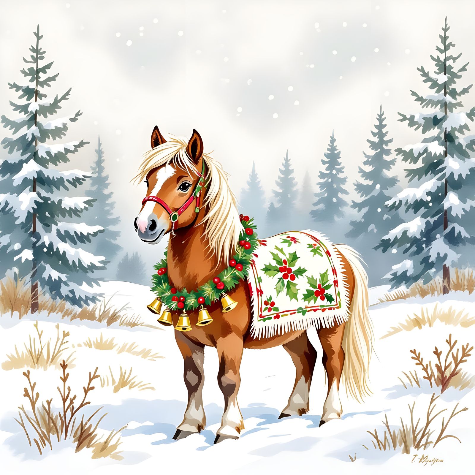 Festive Shetland Pony in Winter Watercolor