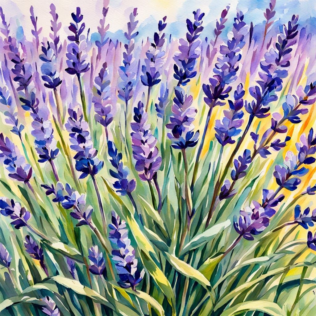 Lavender in Vibrant Springtime Colors, Gouache Style Masterp...