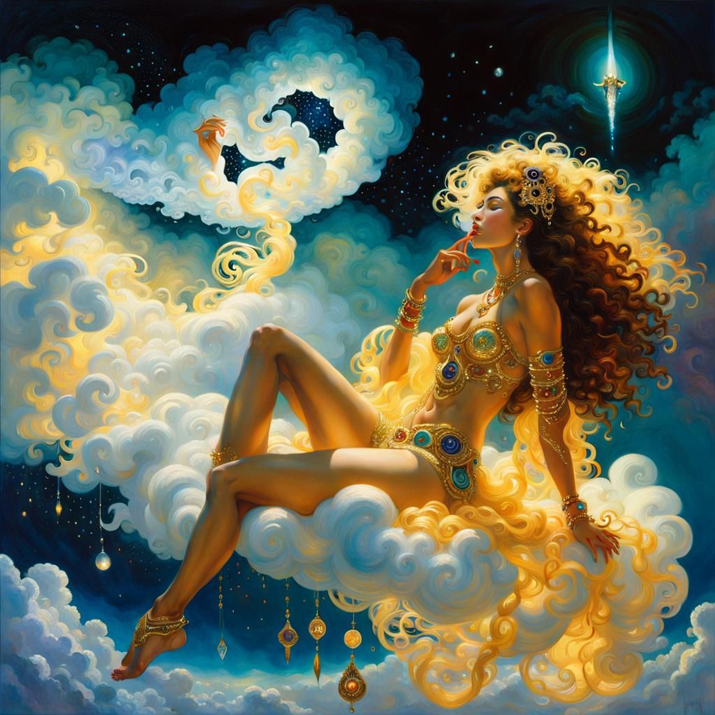 Sensual Goddess on Cloud in Art Nouveau Style