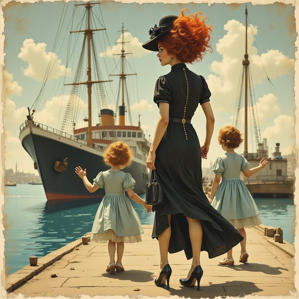 Vintage Photograph of Woman Greeting Ship in Harbor