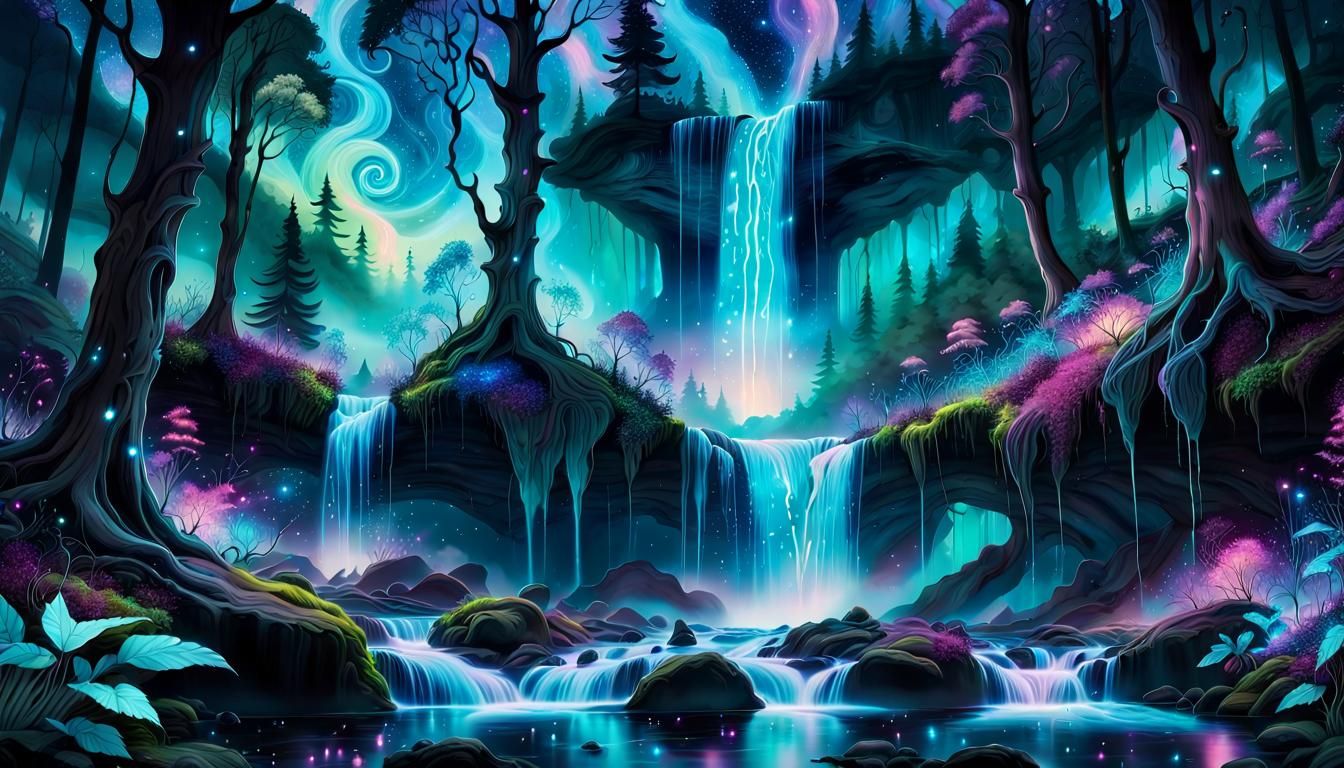 Surreal Bioluminescent Falls in a Whimsical Galaxy Night